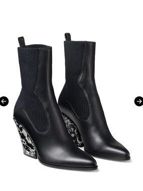 Jimmy Choo Black Leather Sock Ankle Boots with Patterned Block Heel